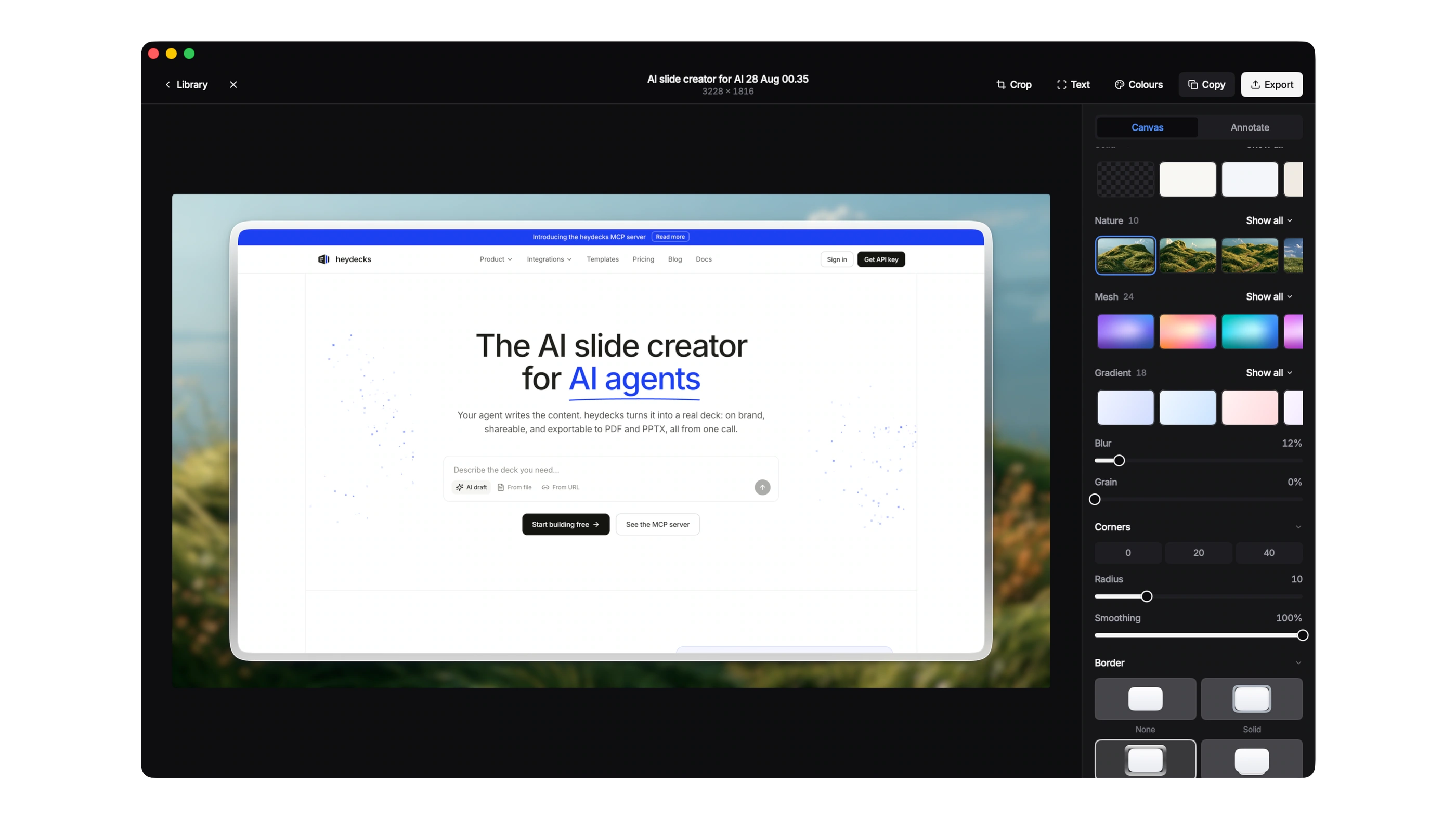The same screenshot open in the Kapshot editor, framed on a soft nature background