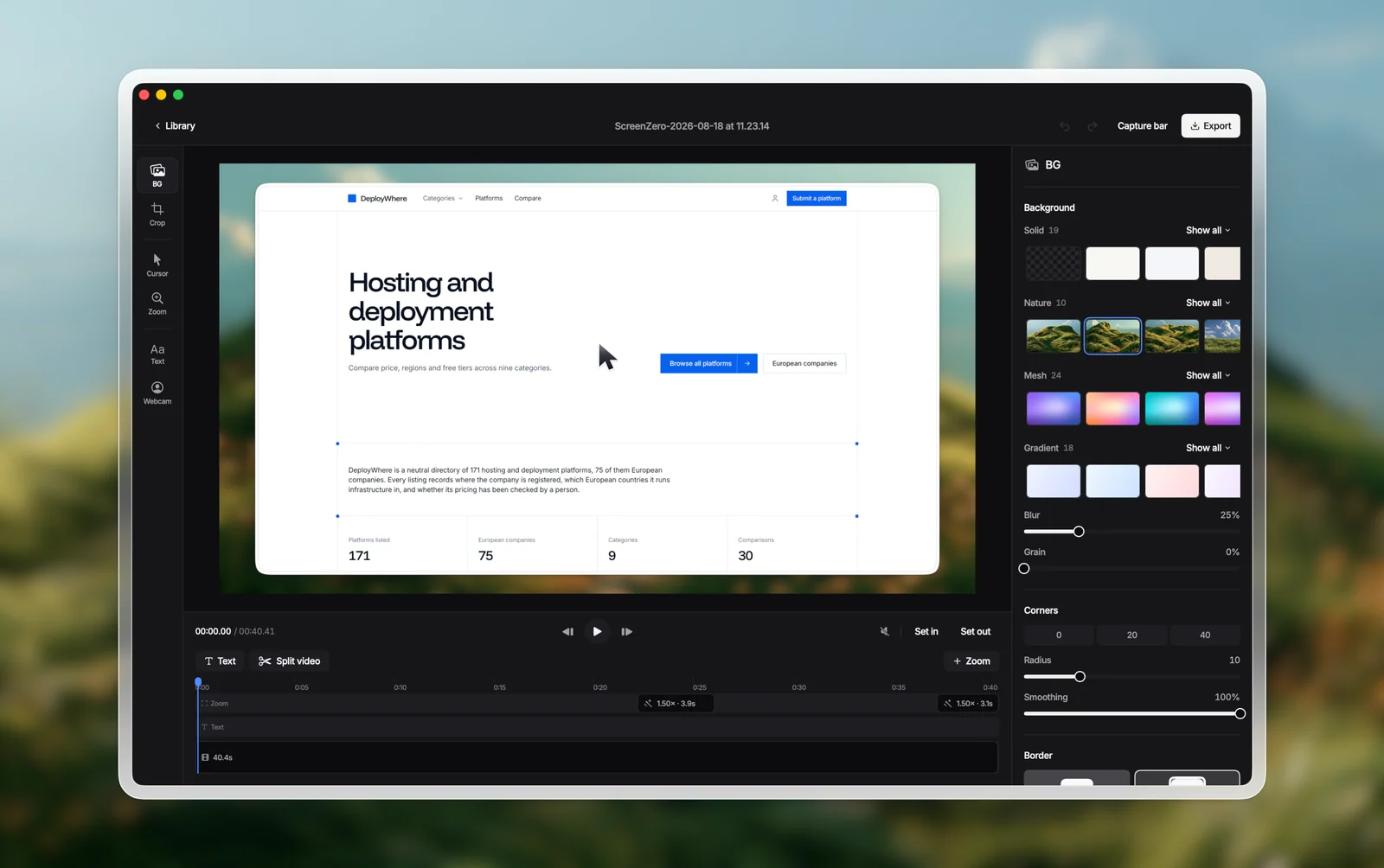 The editor on a mountain backdrop, made with Kapshot
